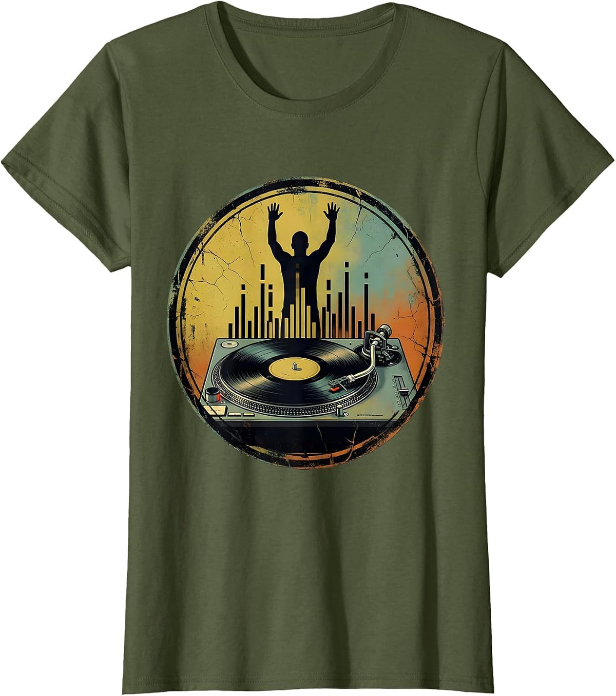 Women's Sealed Vintage Turntable Hip Hop Retro Streetwear T-Shirt - Olive Green