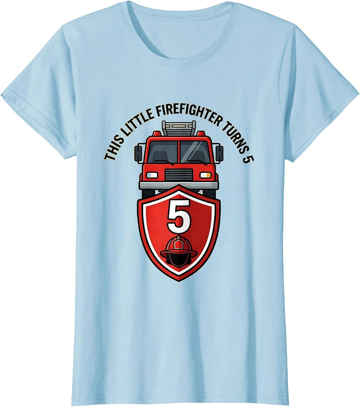 Women's This Little Firefighter Turns 5 Playful Fire Truck Birthday T-Shirt - Baby Blue