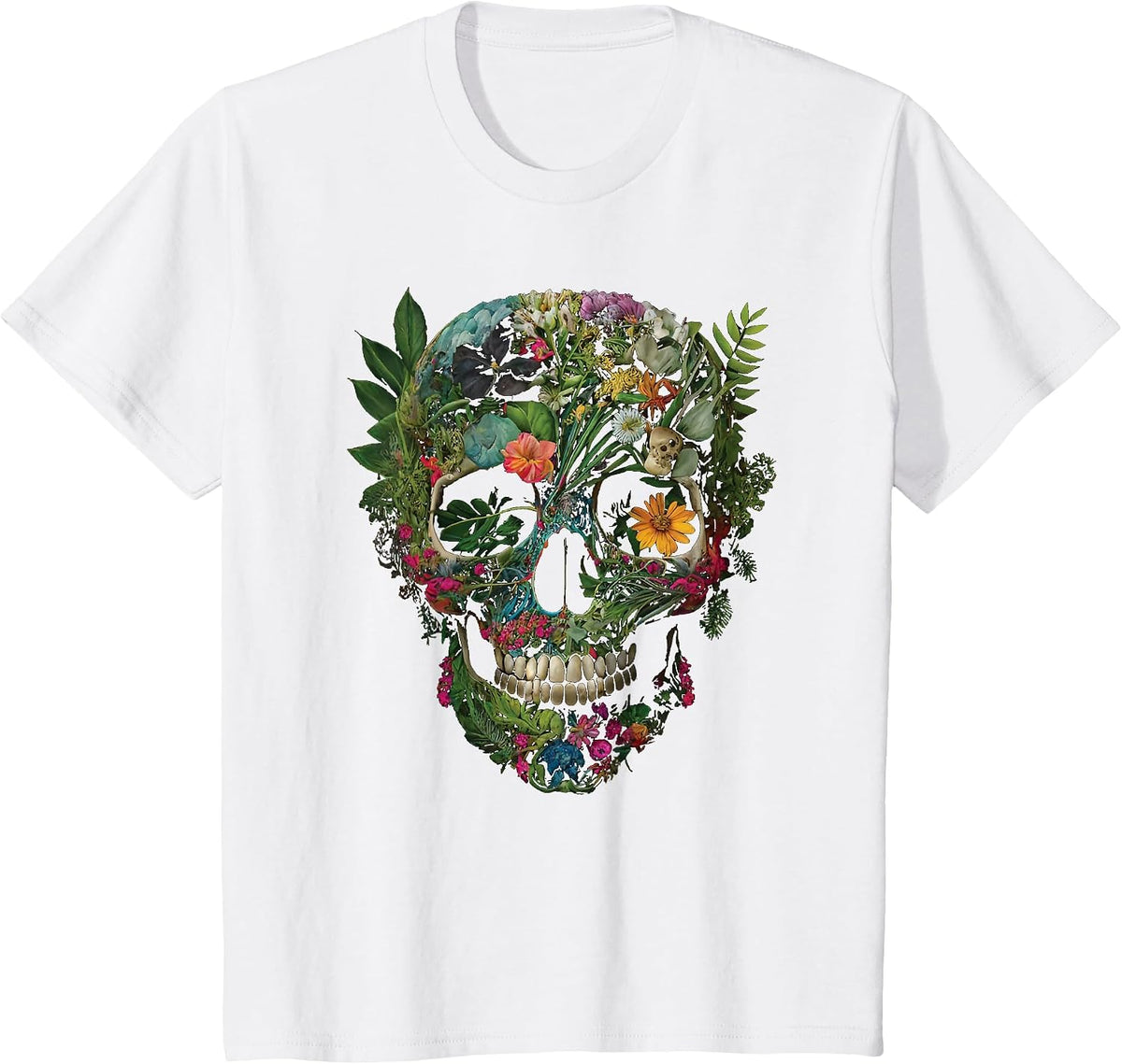 Haunted Botanical Garden Human Skull with Flowers and Plants T-Shirt - White