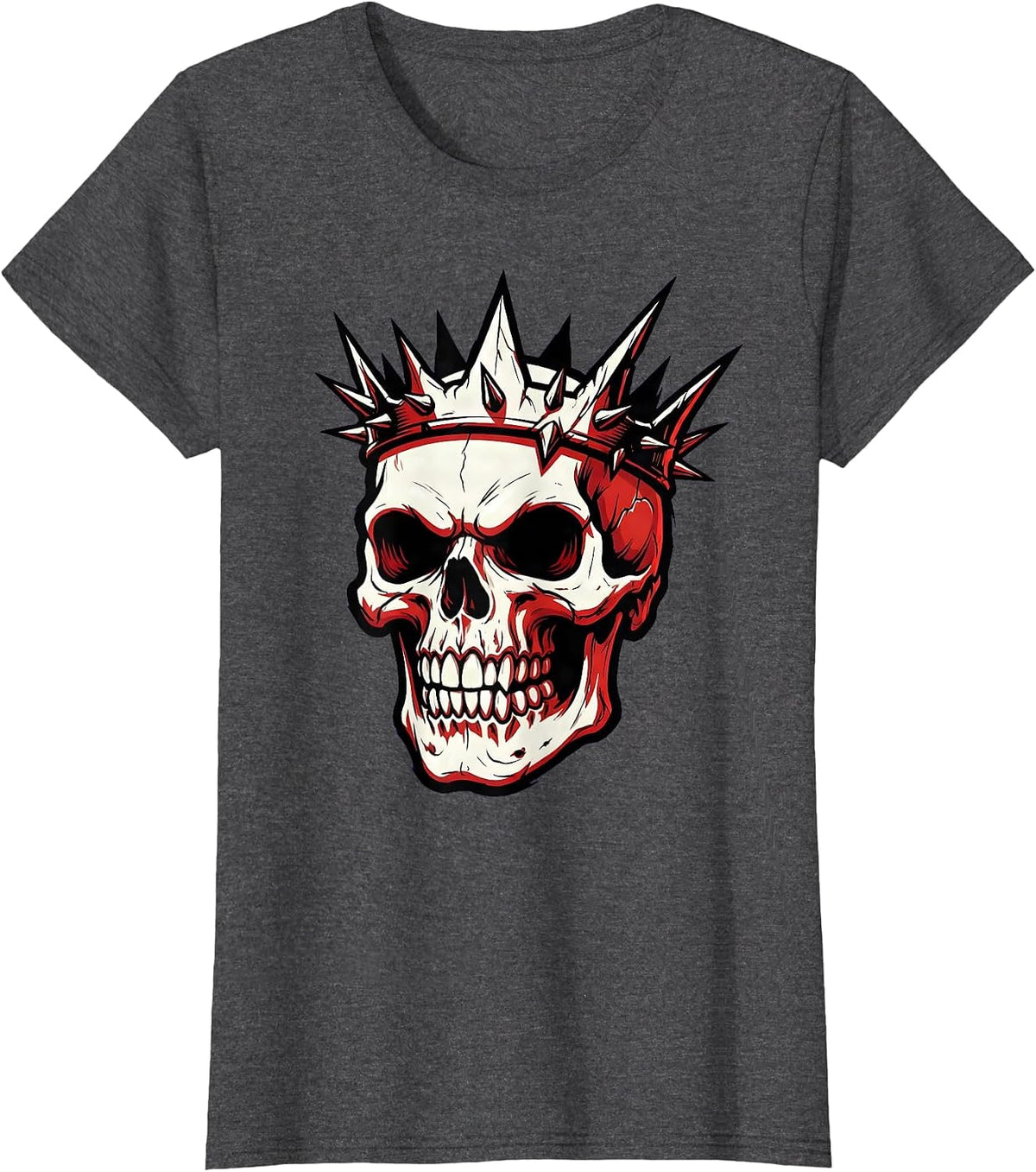 Women's Rebel Skull Spiked Crown Fierce Expression Graphic T-Shirt - Dark Heather Grey