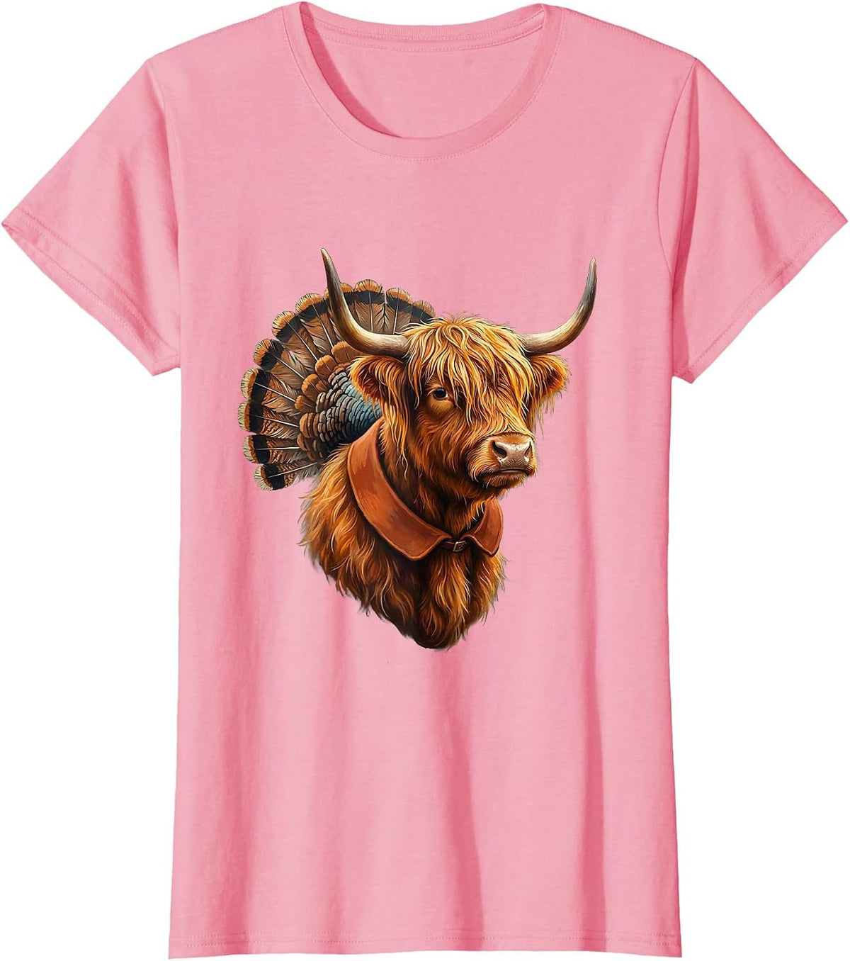 Women's Shaggy Highland Cow Storybook Fall Halloween Seasonal Humor T-Shirt - Pink