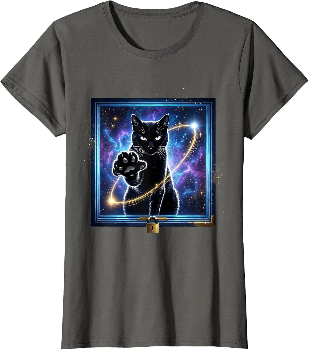Women's Cosmic Cat Quantum Physics Science Enthusiast Humor T-Shirt - Asphalt Grey