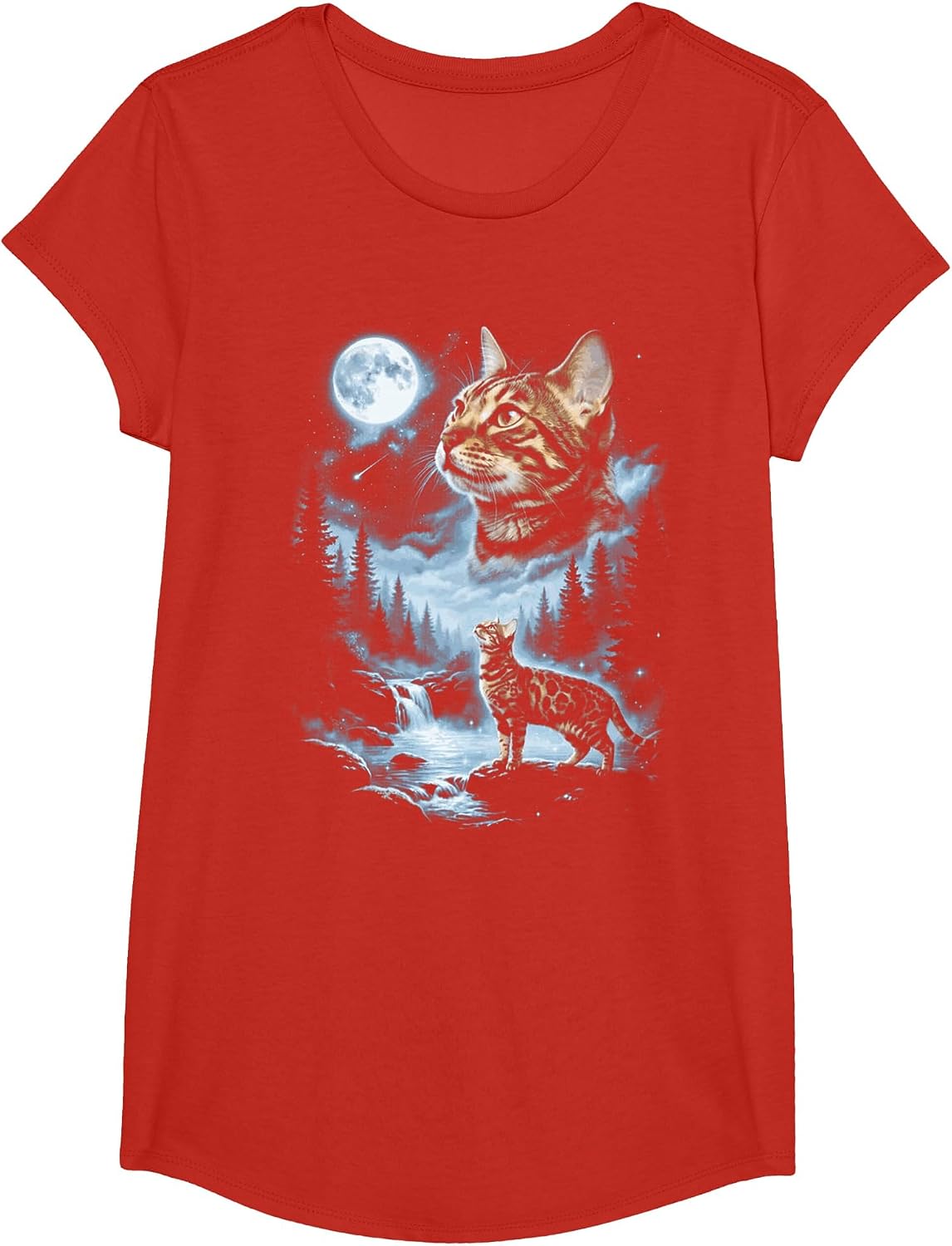 Bengal Cat Howling at the Moon, Funny Halloween Design T-Shirt - Girls Red