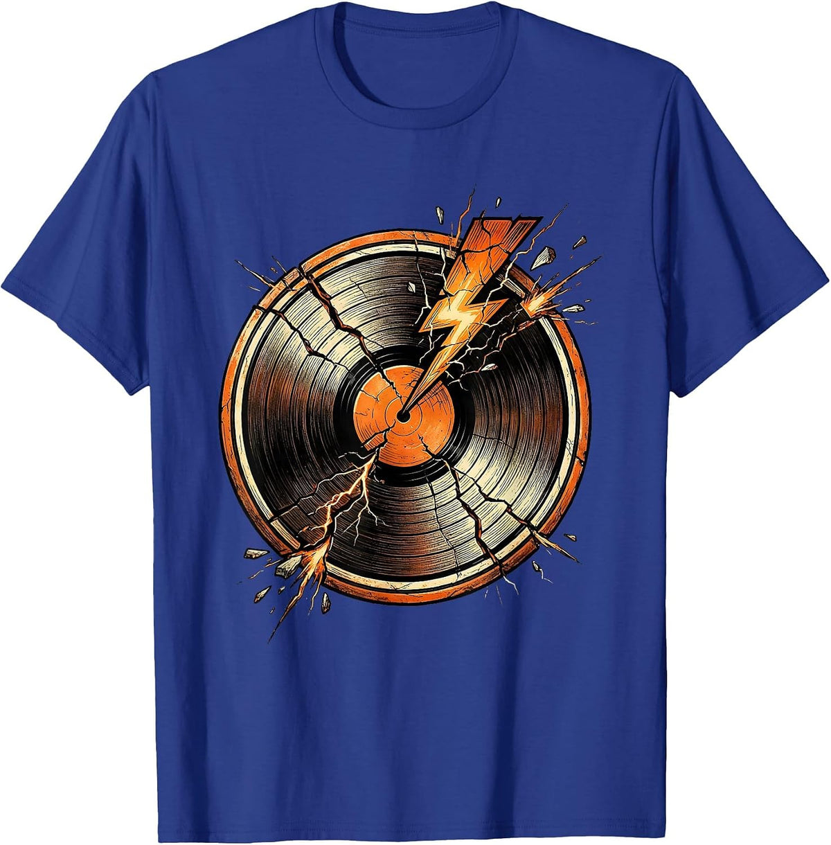 Men's Cracked Vinyl Record Lightning Strike Classic Rock Art T-Shirt - Royal Blue