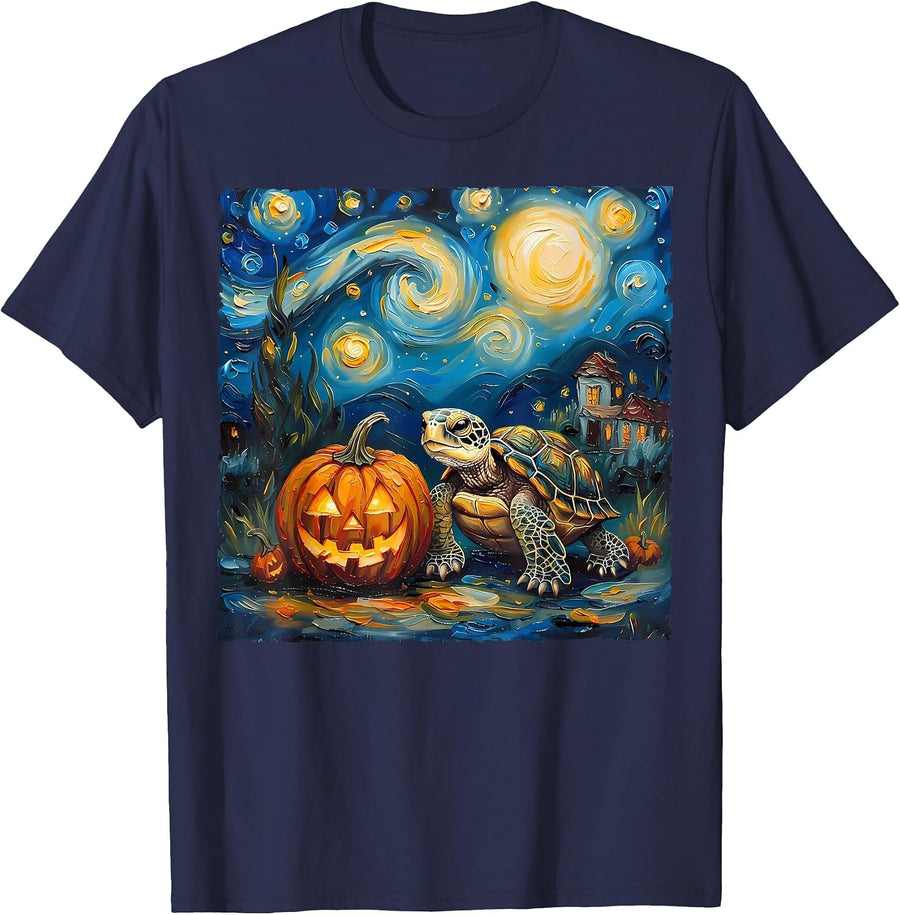 Turtle Pumpkin Van Gogh Starry Night Style Artwork Halloween T-Shirt - Navy Blue