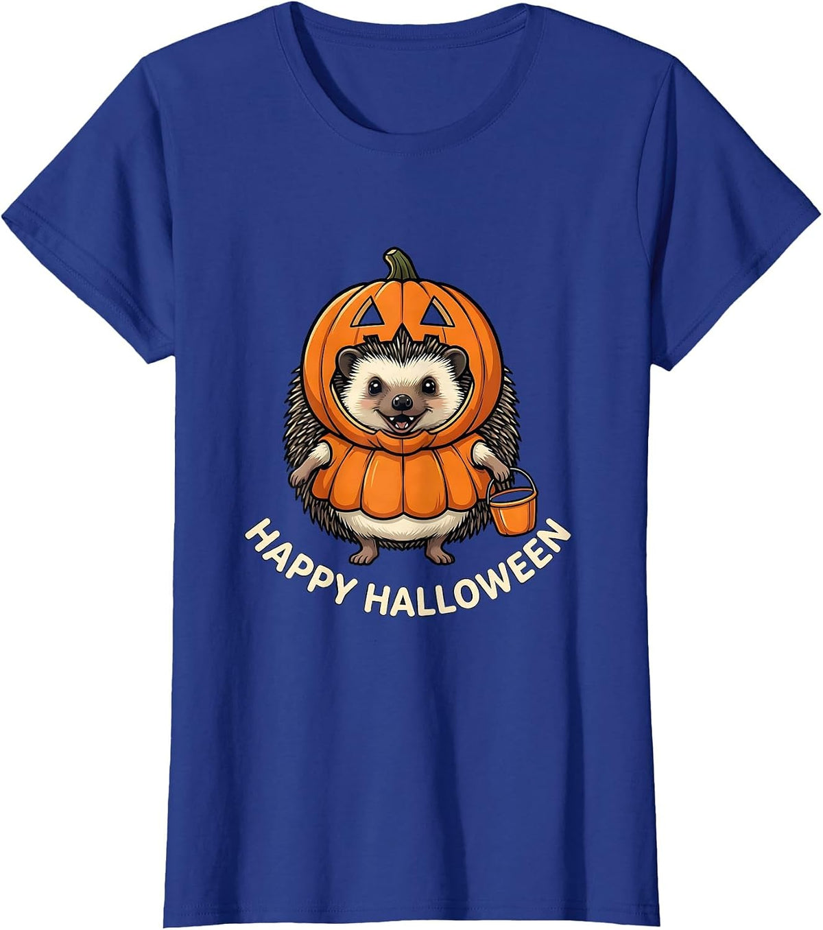 Women's Happy Halloween Cheerful Hedgehog Pumpkin Costume Party Wear T-Shirt - Royal Blue