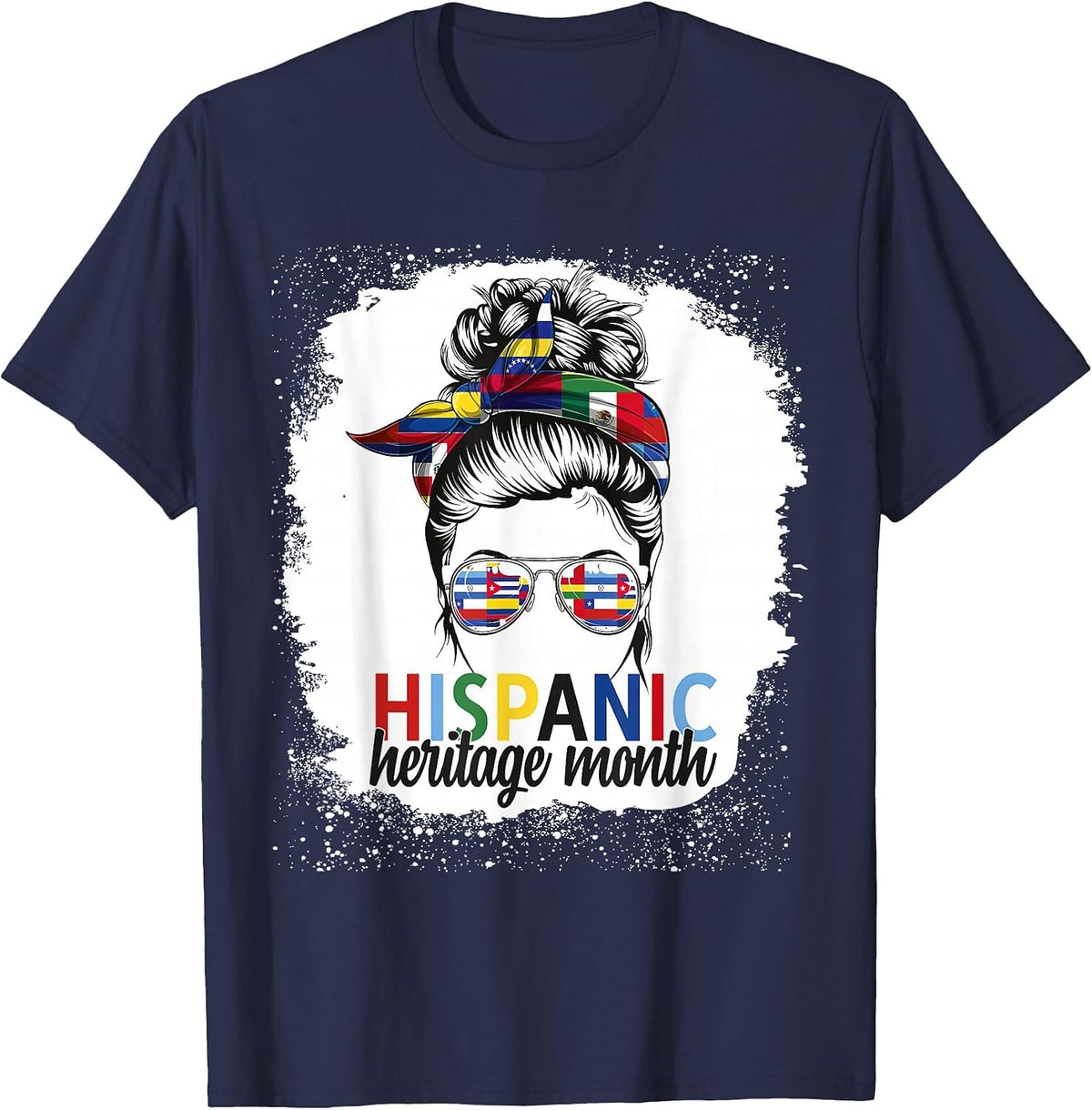 Hispanic Heritage Month All Countries Flags Women Messy Bun T-Shirt - Navy Blue