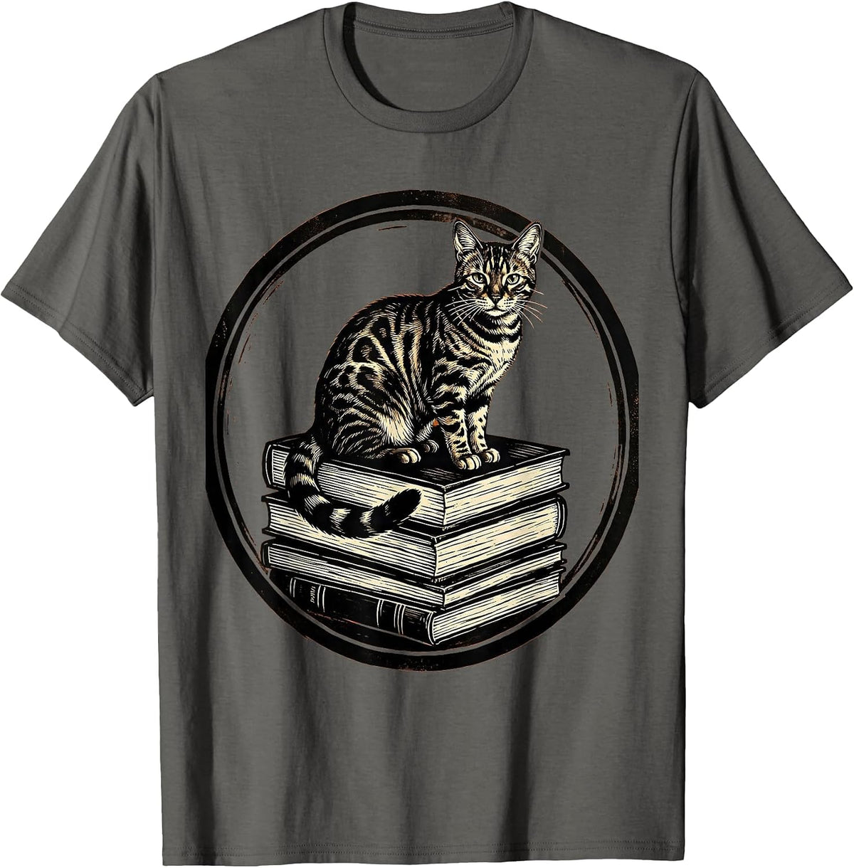 Bengal Cat on Stacked Books Lover Gift T-Shirt - Asphalt Grey