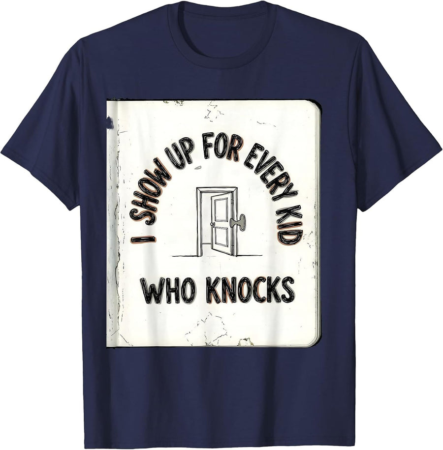 I Show Up For Every Kid Who Knocks Groovy School Counselor T-Shirt - Navy Blue