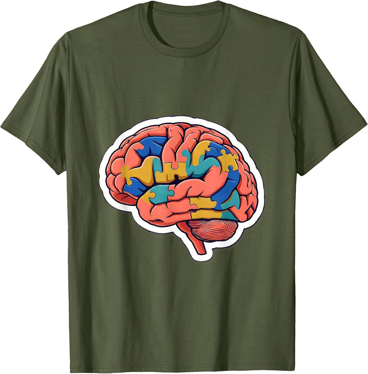 Dyslexia Awareness Glowing Brain Puzzle Design T-Shirt - Olive Green