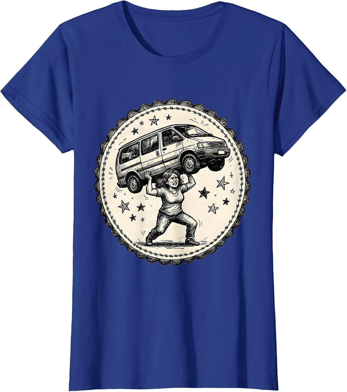 Women's Superhero Mom Lifting Minivan Funny Graphic T-Shirt - Royal Blue
