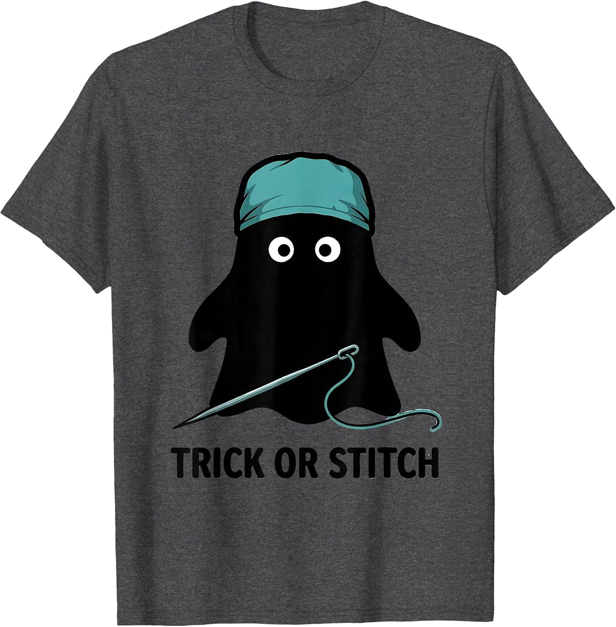 Trick Or Stitch Funny Ghost Surgeon Halloween Medical Crew T-Shirt - Dark Heather Grey