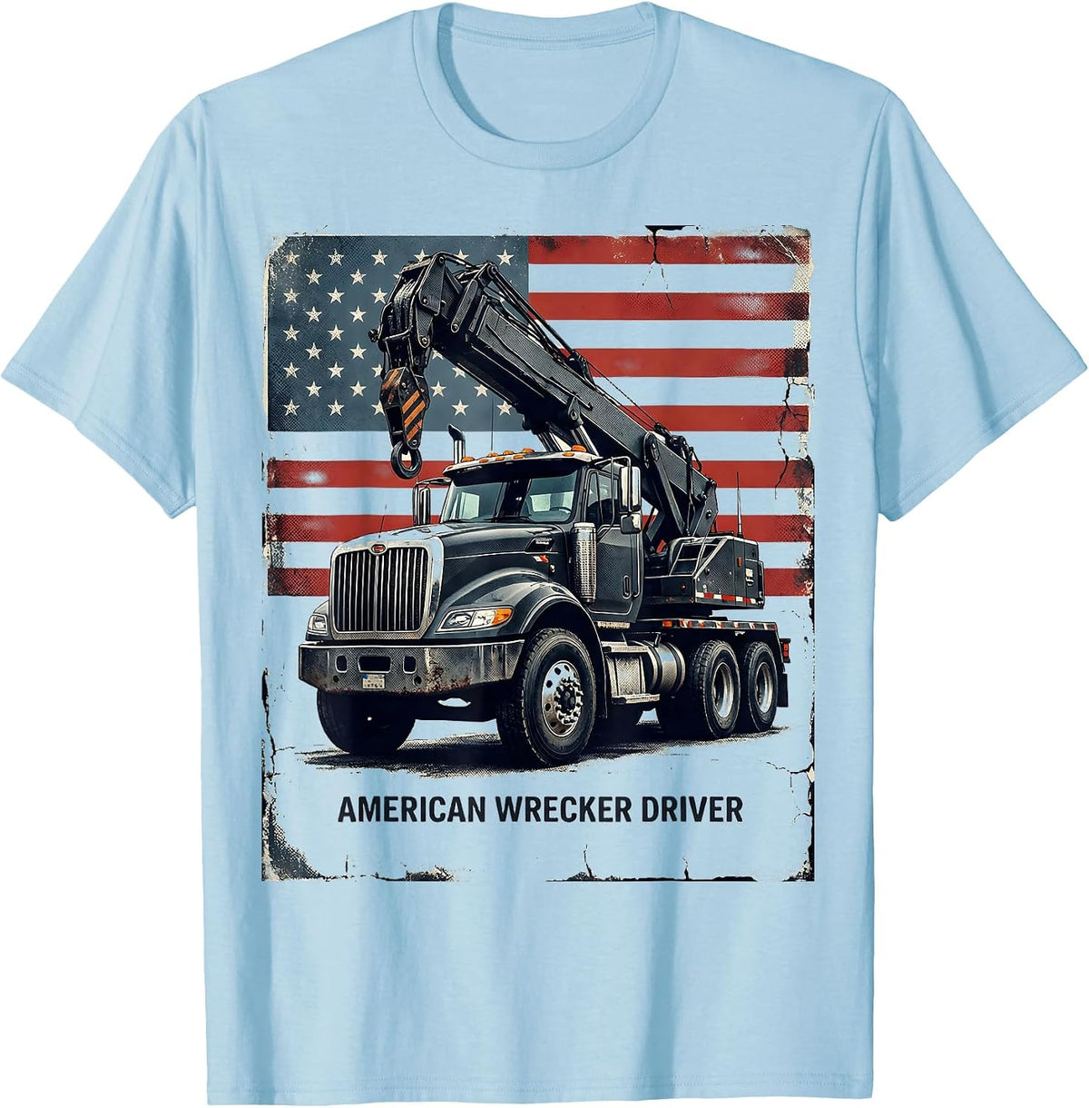 Men's American Wrecker Driver Distressed Patriotic Trucker T-Shirt - Baby Blue