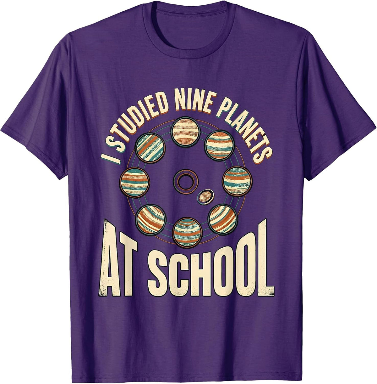 I Studied Nine Planets At School Funny Space Pluto Retro T-Shirt - Purple