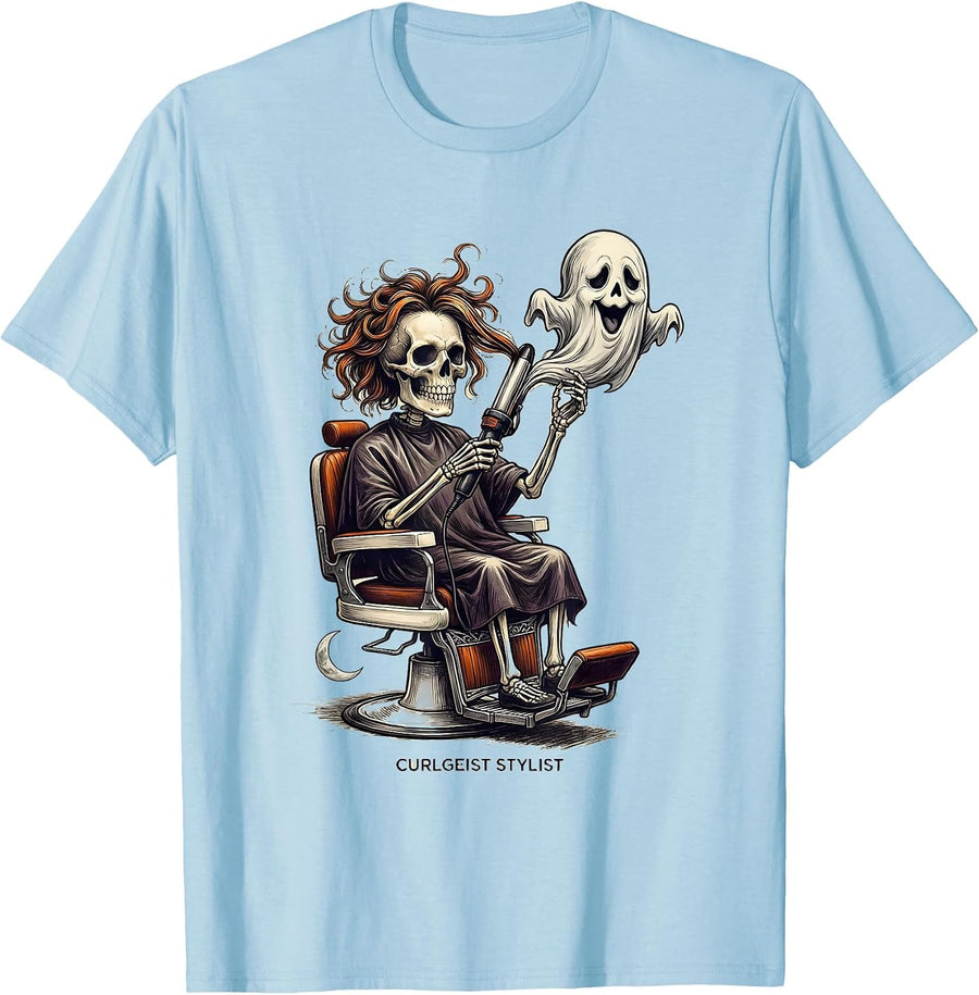 Men's Curlgeist Stylist Funny Skeleton Hairdresser Halloween T-Shirt - Baby Blue