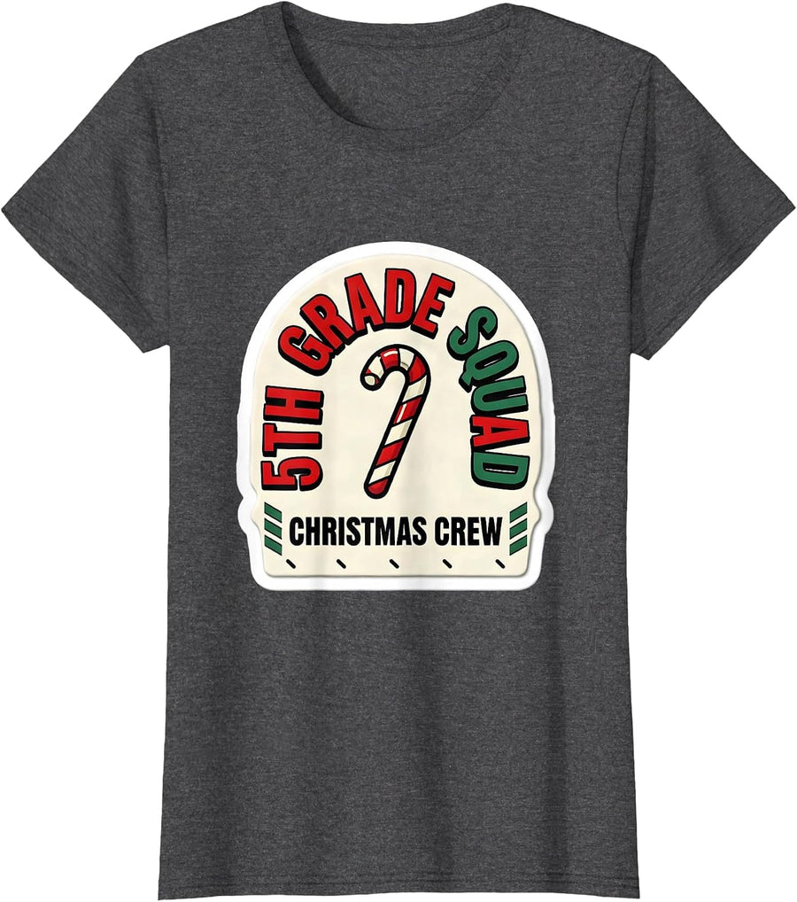 Women's 5th Grade Squad Christmas Crew Teacher Squad Holiday T-Shirt - Dark Heather Grey