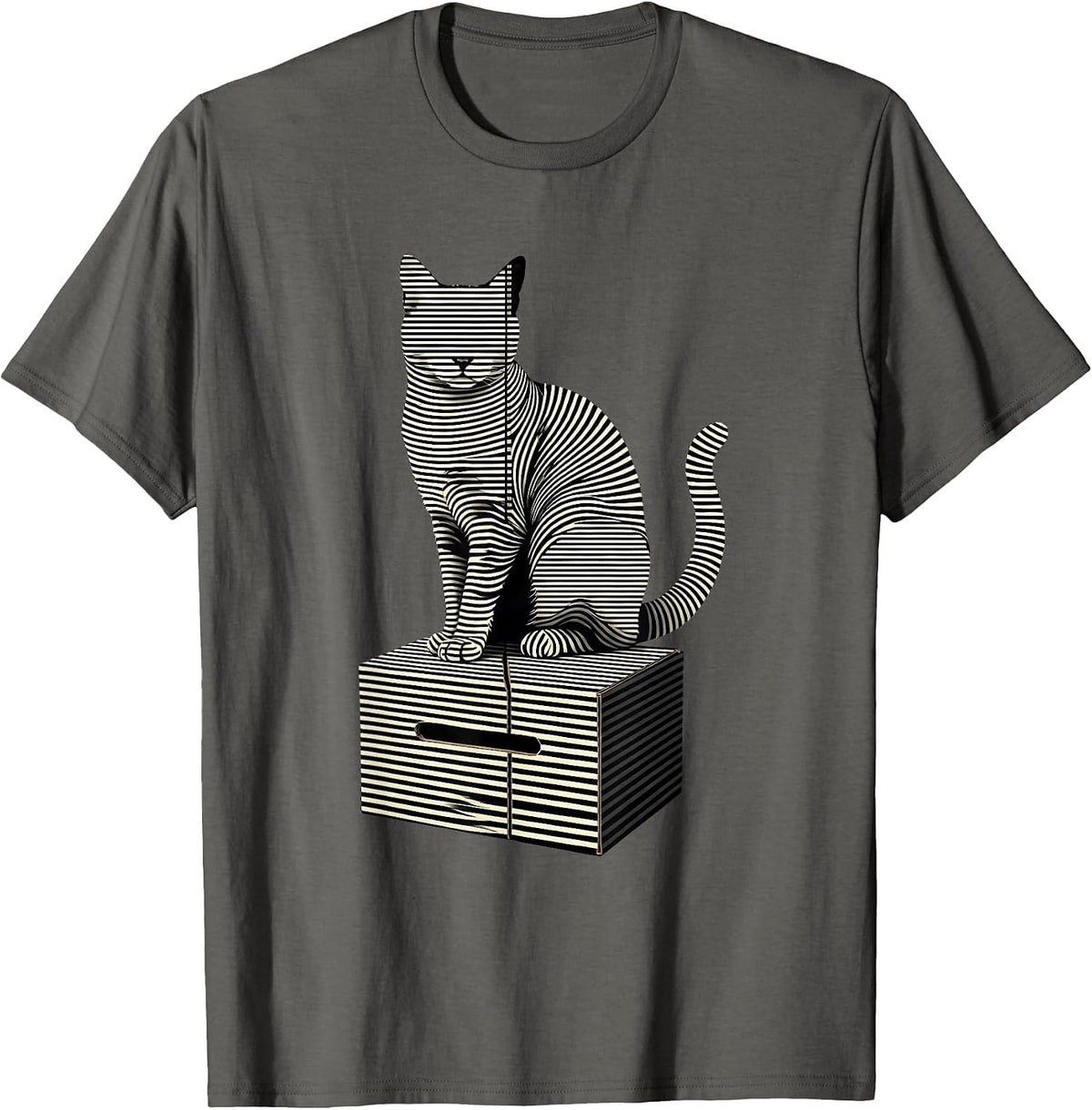 Seated Cat Quantum Physics Stripe Graphic Science Humor T-Shirt - Asphalt Grey