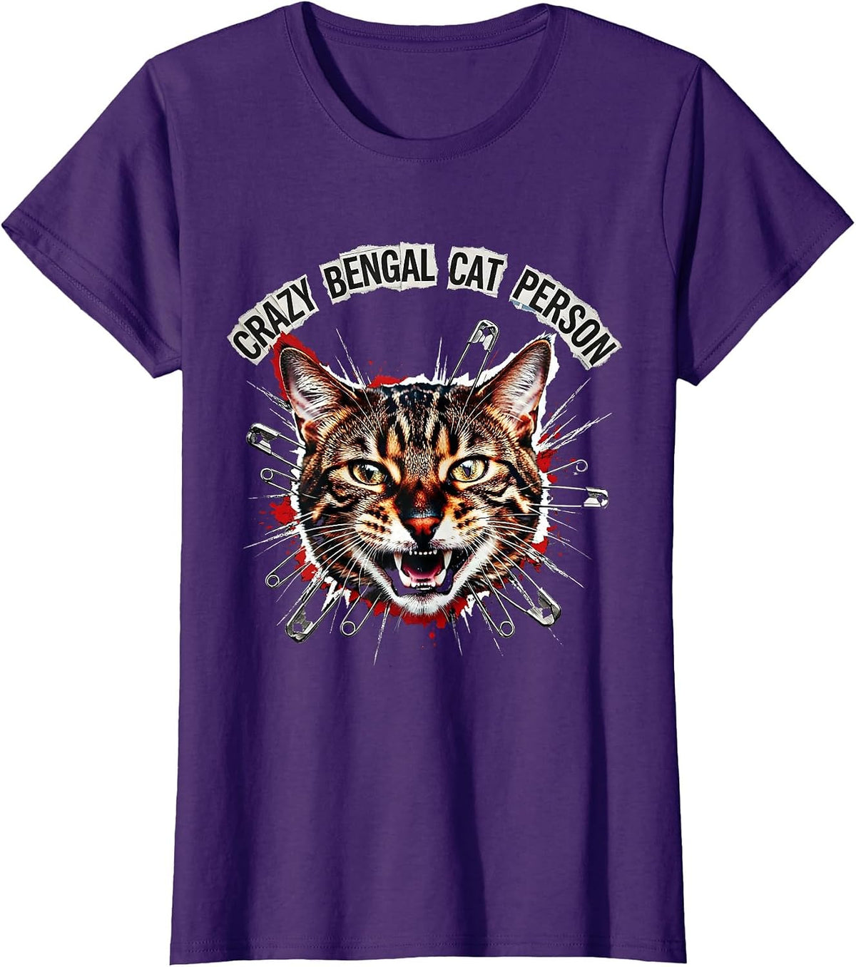Women's Crazy Bengal Cat Person Cat Lover Design T-Shirt - Purple