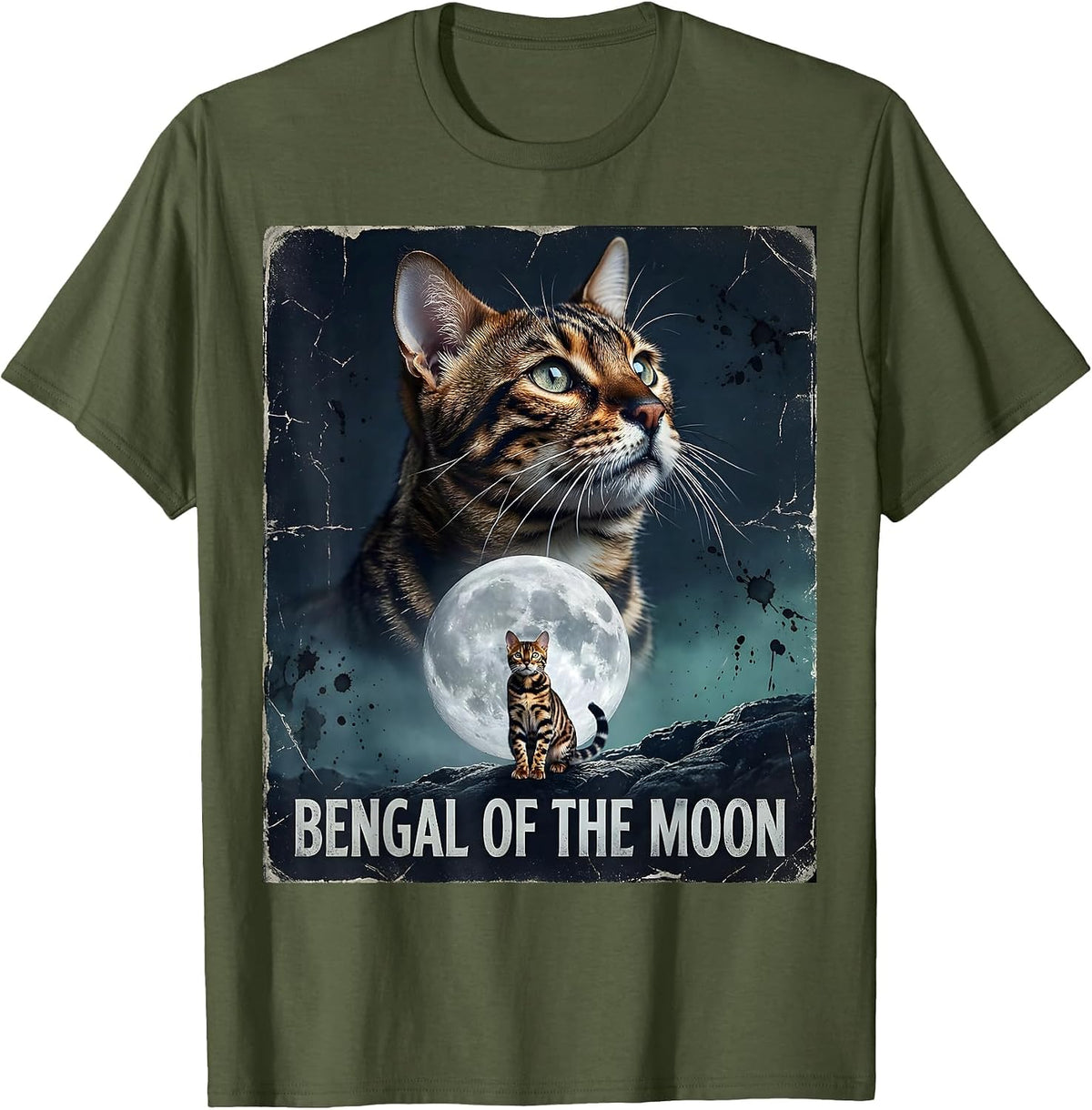 Bengal Of The Moon Distressed Funny Cat Lover Retro 90s T-Shirt - Olive Green
