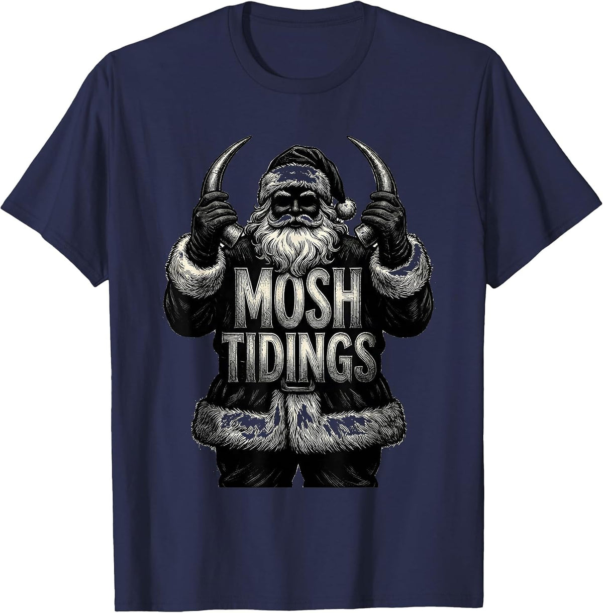 Mosh Tidings Heavy Metal Santa Parody Rocker Christmas T-Shirt - Navy Blue