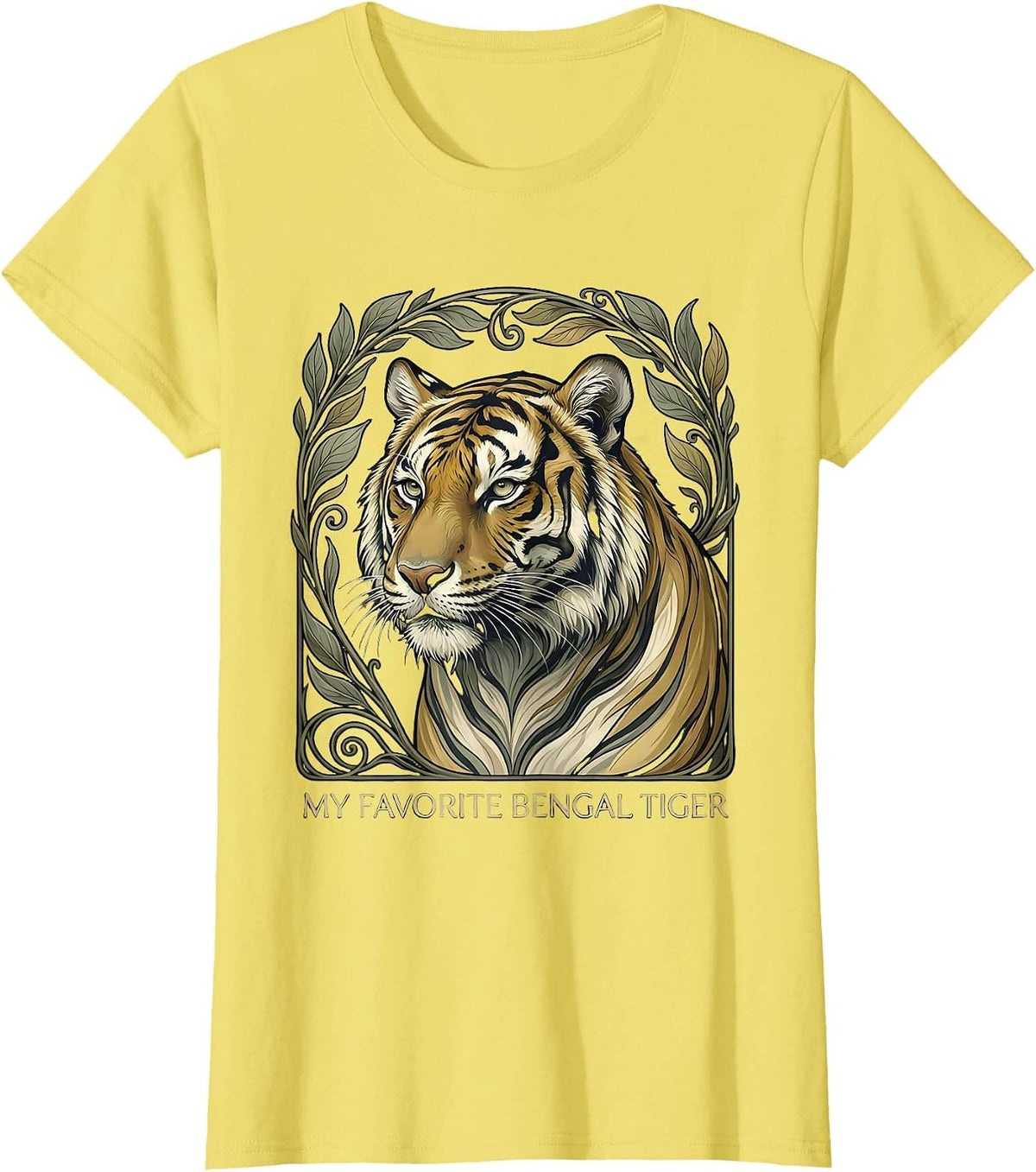 Women's My Favorite Bengal Tiger Art Nouveau Big Cat Portrait Animal T-Shirt - Lemon Yellow