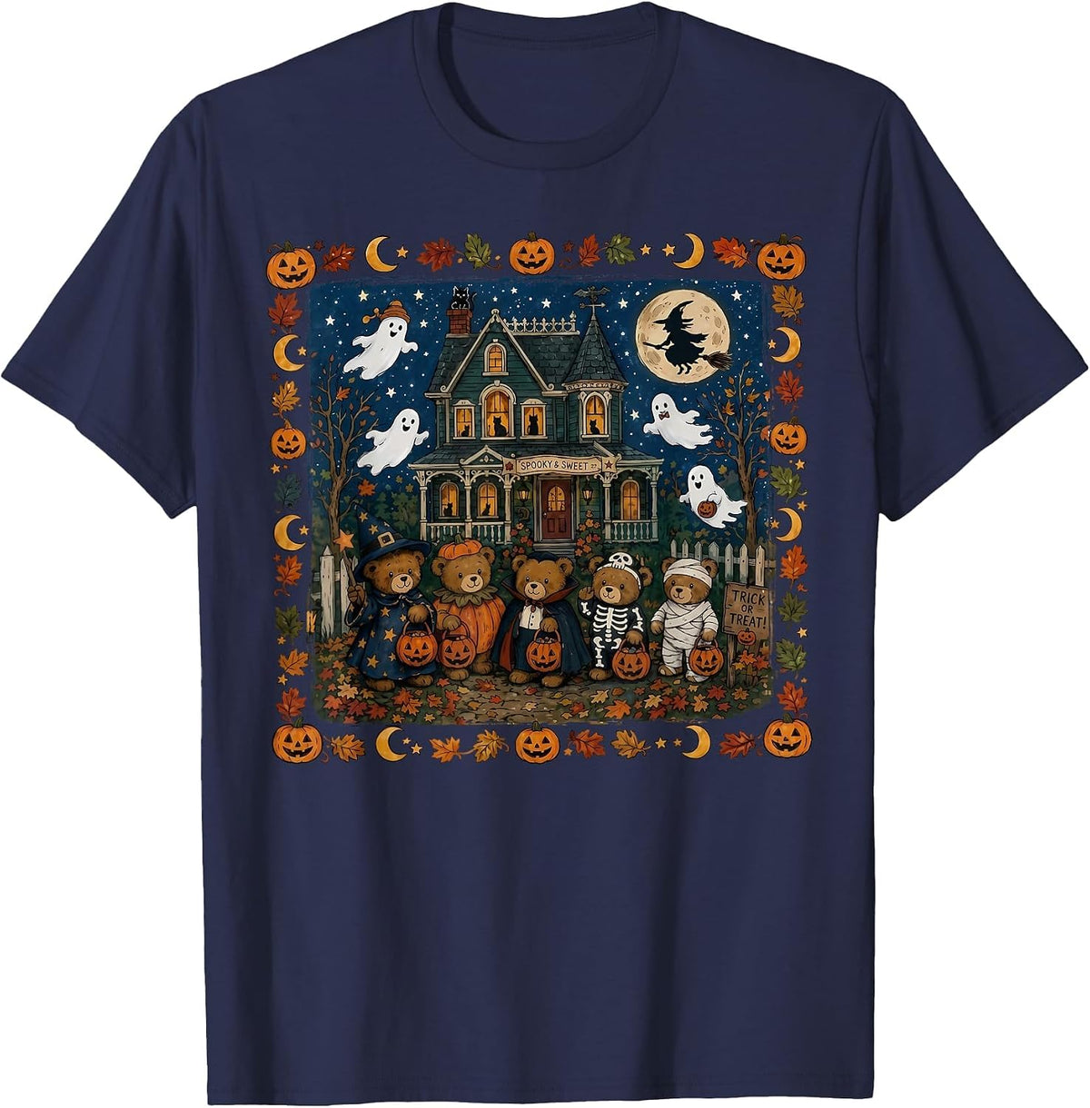90s Bears Halloween Trick Or Treat Fall Season Boys Girls T-Shirt - Navy Blue