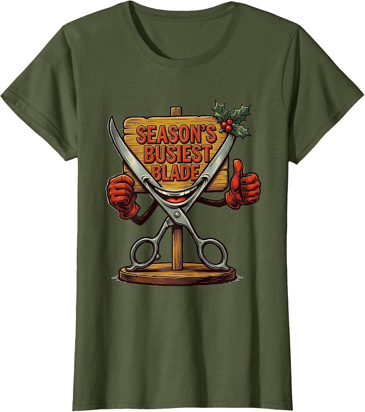 Women's Season's Busiest Blade Retro Advertising Mascot Barber Gift T-Shirt - Olive Green