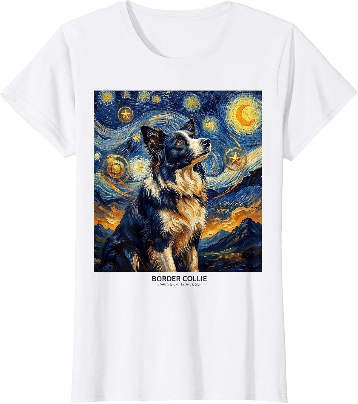 Border Collie — Starry Night by Van Gogh Art Portrait T-Shirt - White