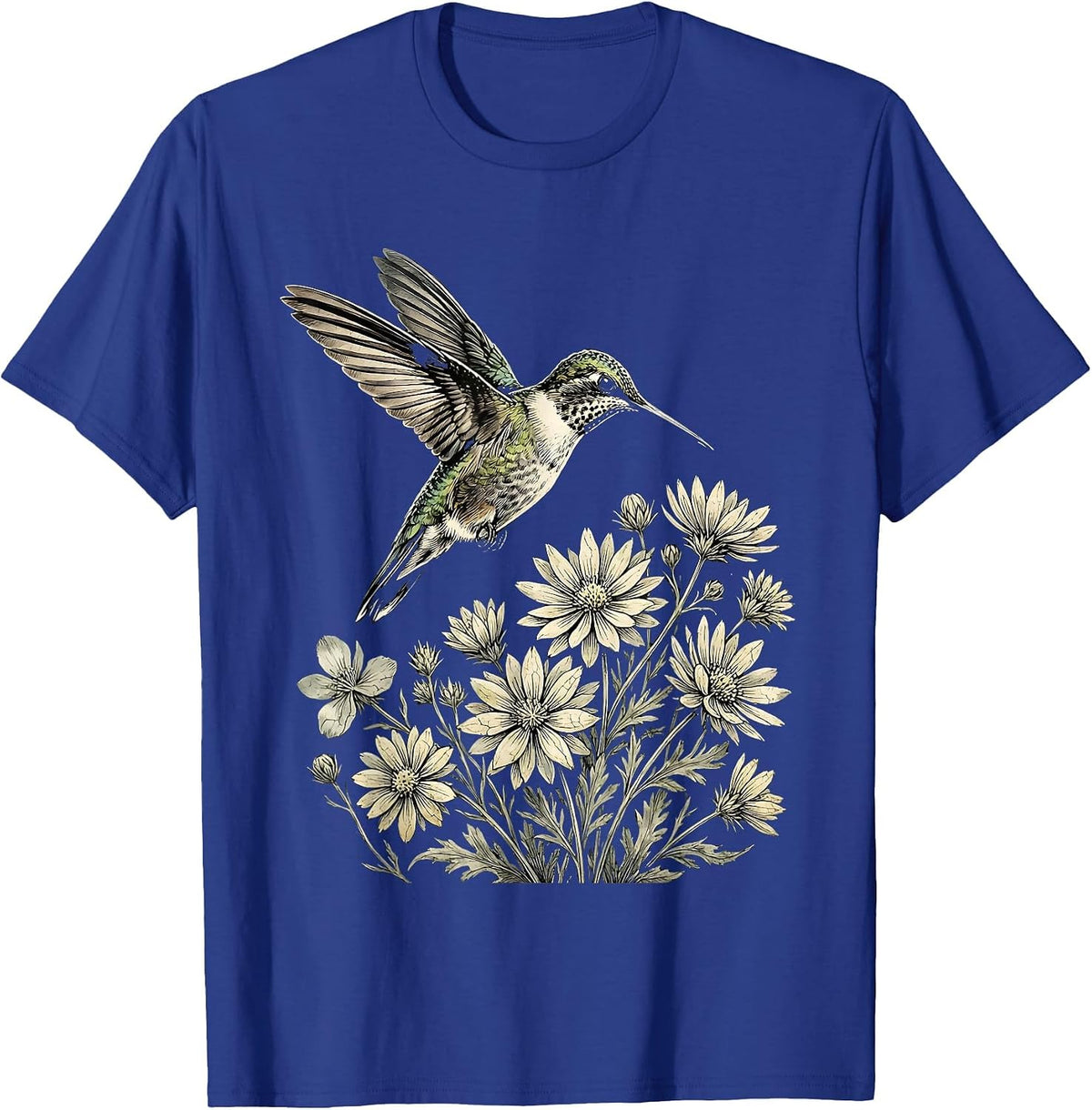 Men's Hummingbird Red White Blue Flowers Patriotic T-Shirt - Royal Blue