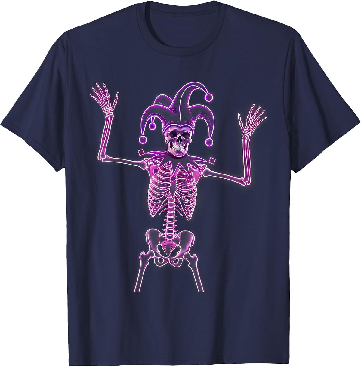 Mardi Gras Dancing Skeleton Jester Hat Design T-Shirt - Navy Blue