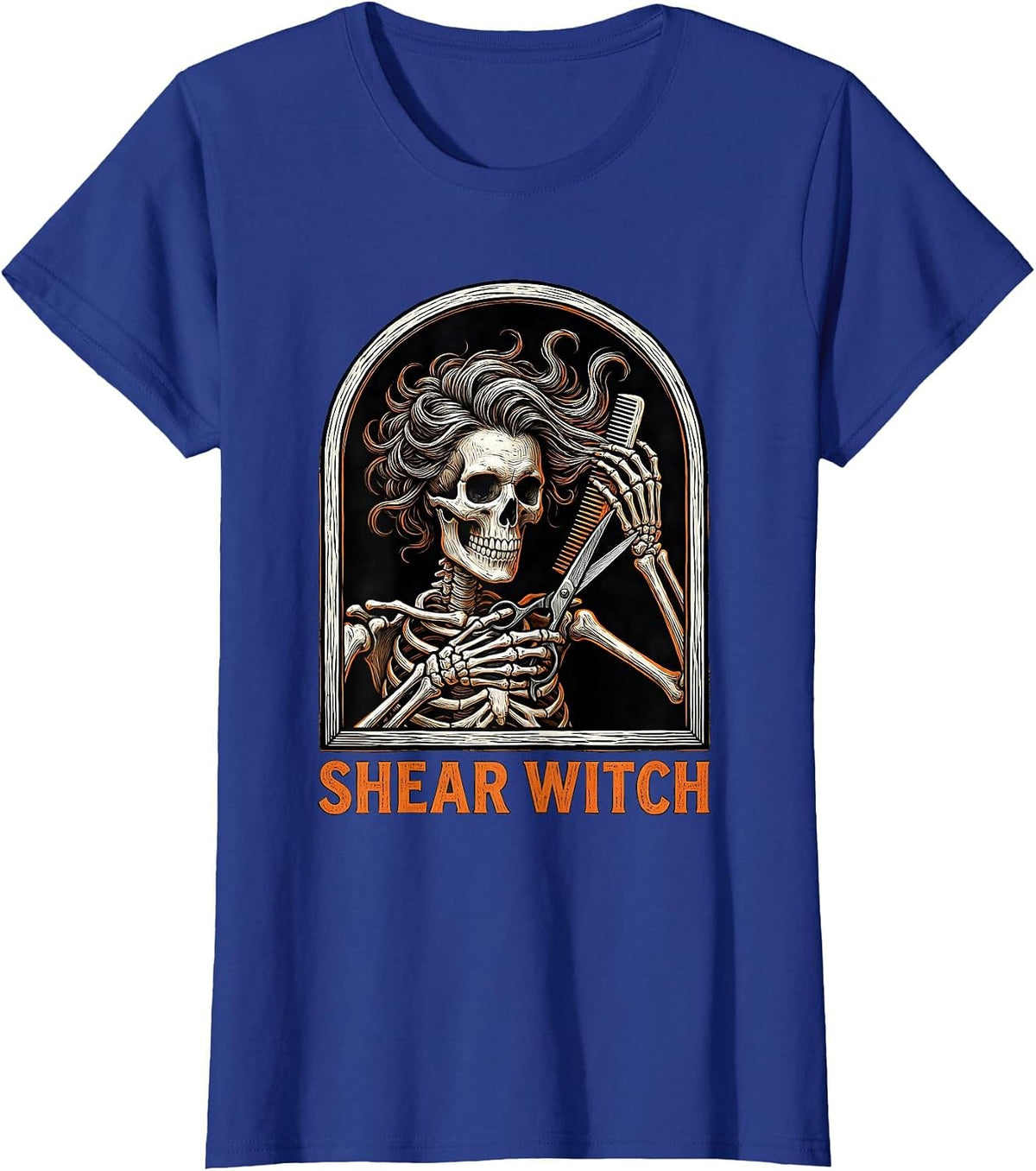 Women's Shear Witch Funny Skeleton Hairdresser Halloween Barber T-Shirt - Royal Blue