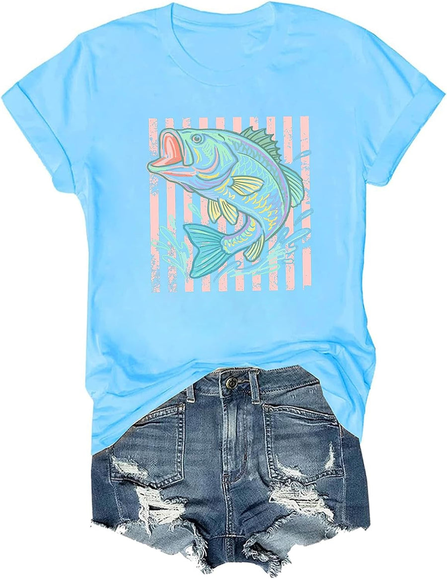 Bass Fish Shirt Striped Fishing T-Shirt Lake Life Fish Lover Tee - Sky Blue