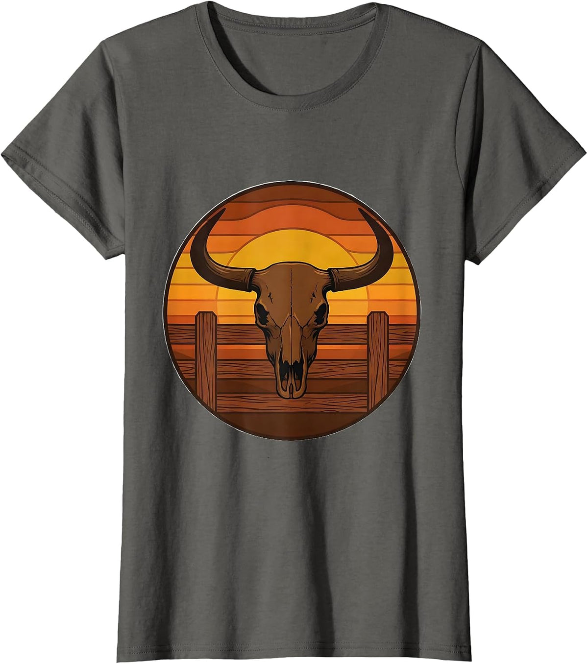 Women's Bull Horns Bursting Through Fence Rodeo Graphic T-Shirt - Asphalt Grey