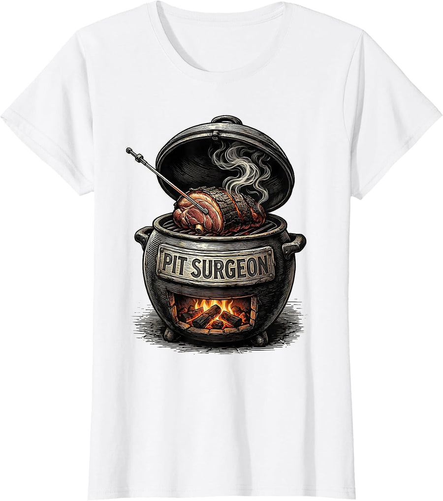 Women's Pit Surgeon Funny BBQ Pitmaster Grilling Dads Gift T-Shirt - White