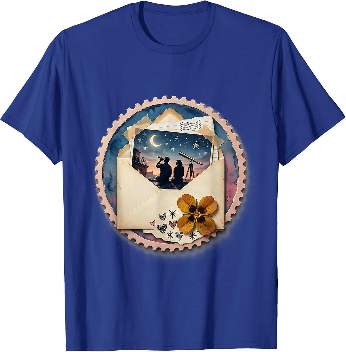 Rooftop Stargazing Couple Telescope Night Sky T-Shirt - Royal Blue
