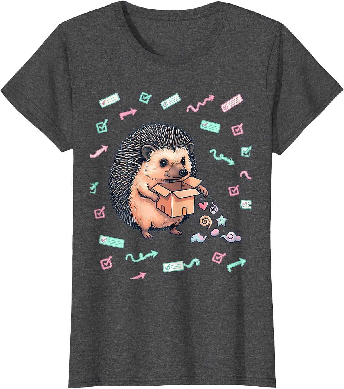 Women's Round Hedgehog Party Favor Box Kawaii Doodle Valentine T-Shirt - Dark Heather Grey
