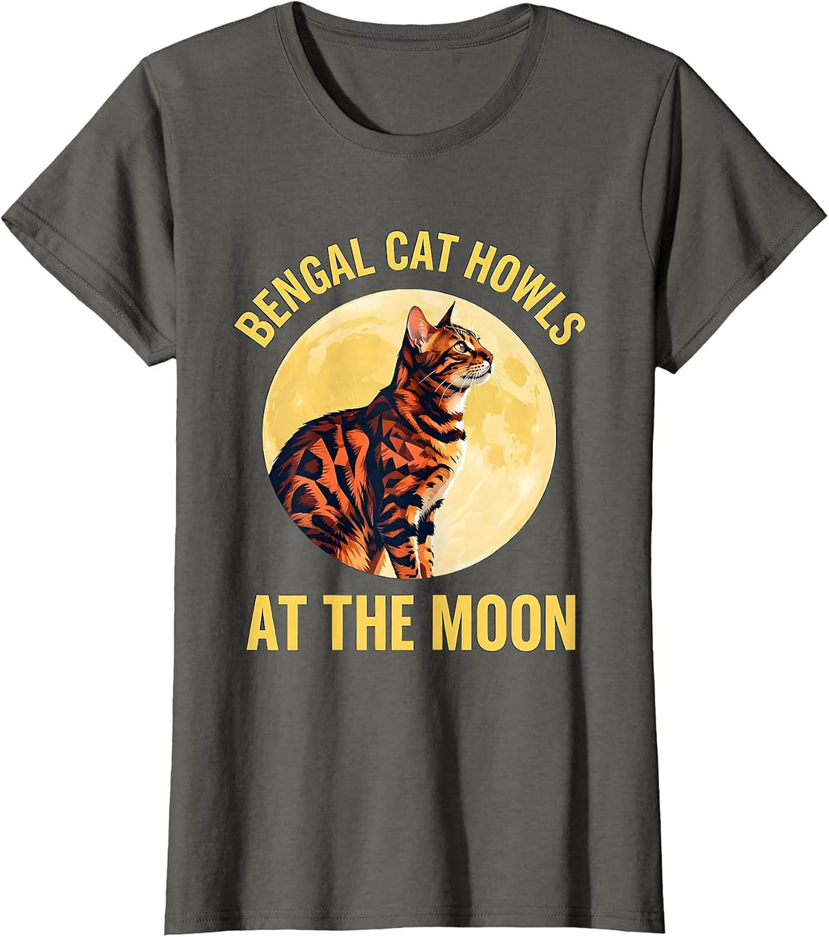 Women's Bengal Cat Howls at the Moon 90s Retro Novelty Humor T-Shirt - Asphalt Grey