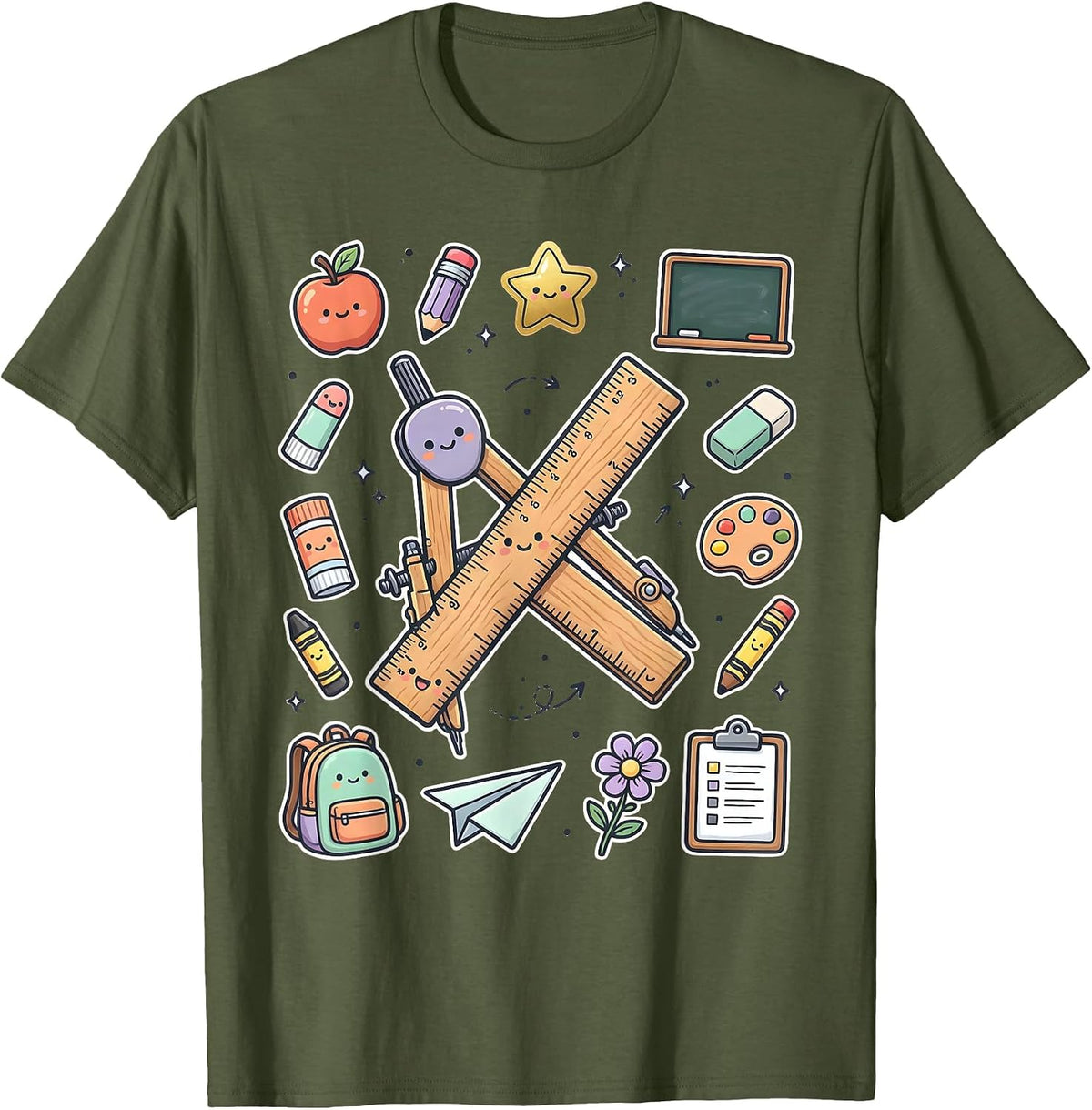 4th Grade Teacher Ruler Compass Crossed Design T-Shirt - Olive Green