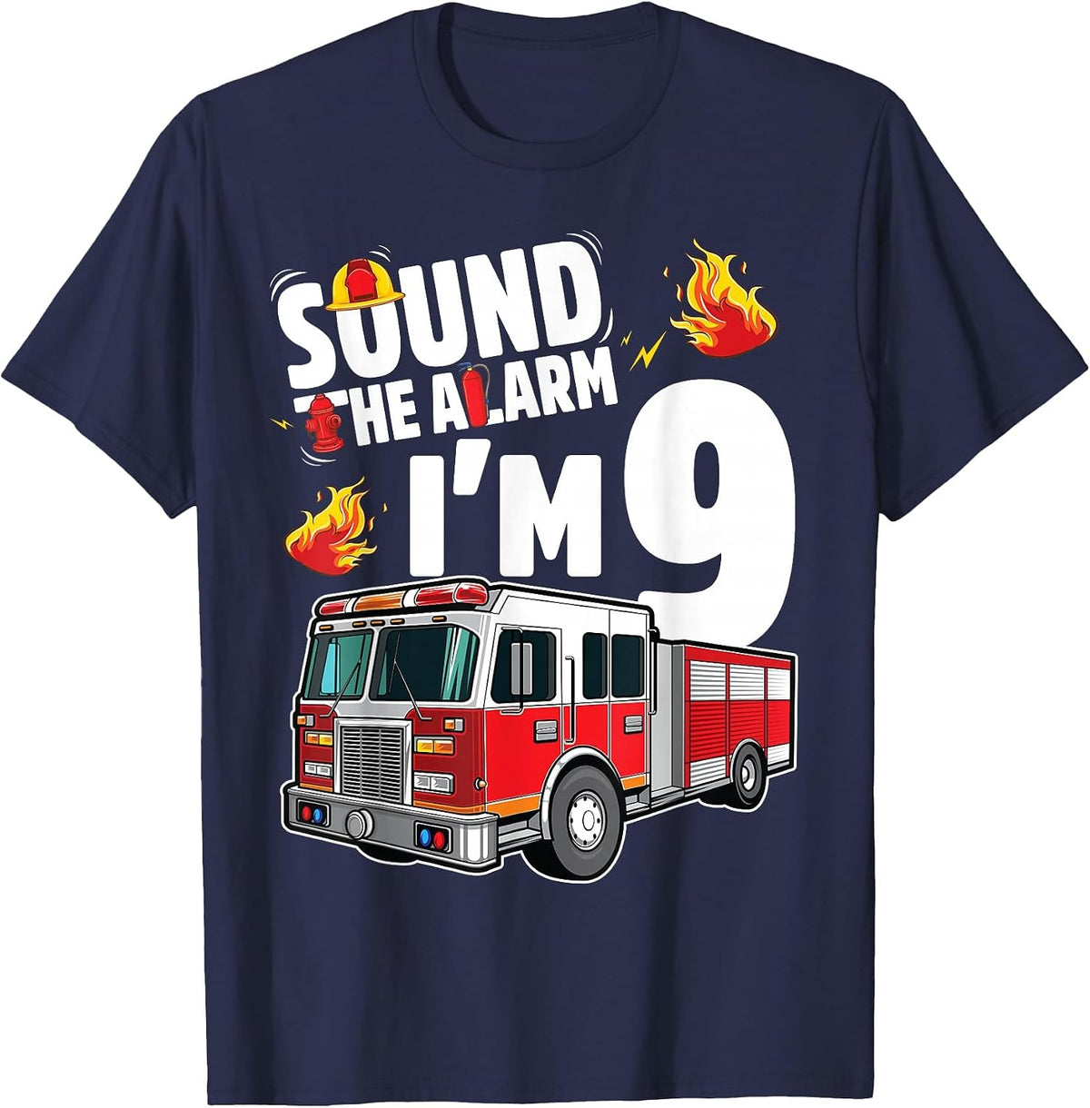 Fire Truck 9th Birthday Boy Firefighter 9 Year Old T-Shirt - Navy Blue