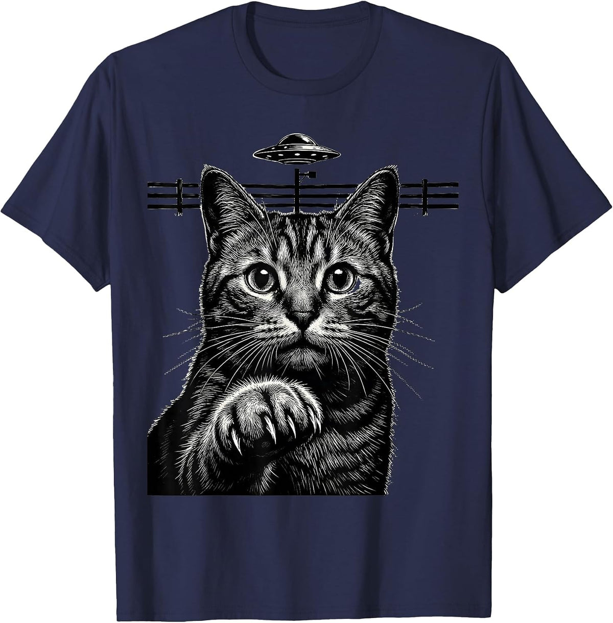 Men's Bengal Cat UFO Alien Selfie Funny Cat Gifts T-Shirt - Navy Blue