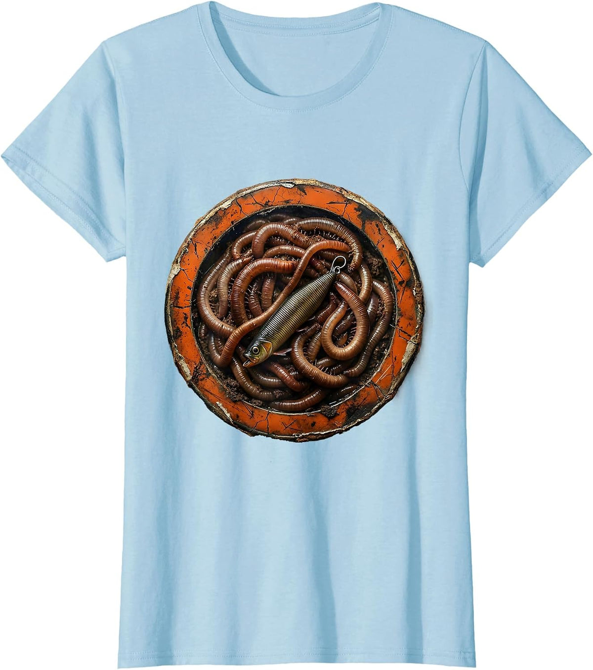 Rubber Worm Lure Among Earthworms Fishing Graphic T-Shirt - Baby Blue