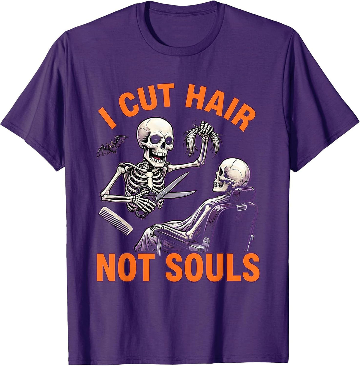 I Cut Hair, Not Souls Cartoon Skeleton Hairstylist Halloween T-Shirt - Purple