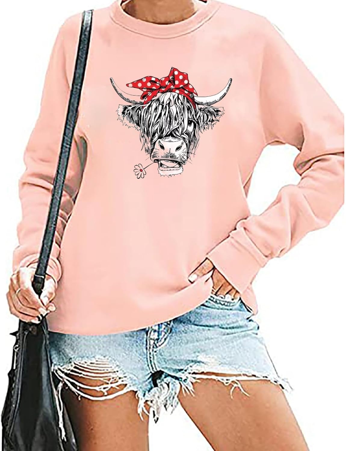 Women Cow Sweatshirt Western Cowgirl Farm Life Graphic Long Sleeve Tops - Pink