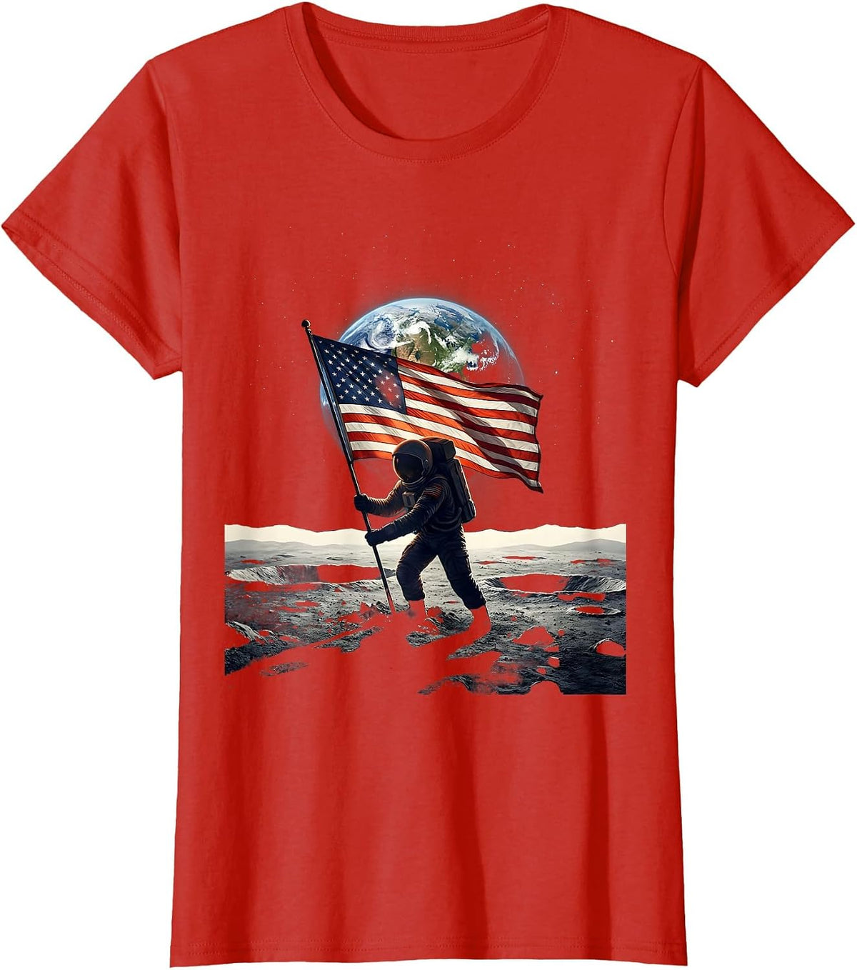 Astronaut Planting American Flag on the Moon T-Shirt - Red