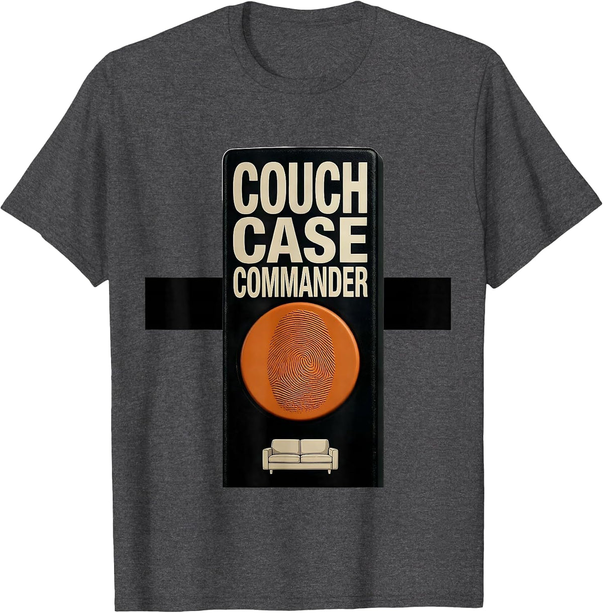 Men's Couch Case Commander Brutalist True Crime Fan Humor T-Shirt - Dark Heather Grey