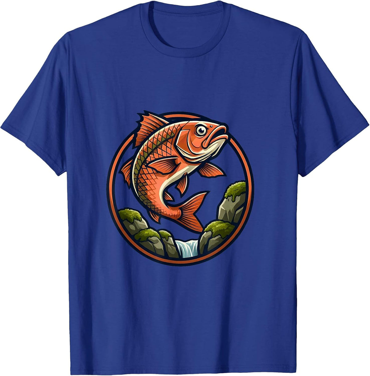 Salmon Jumping Over Mossy Waterfall Rocks T-Shirt - Royal Blue