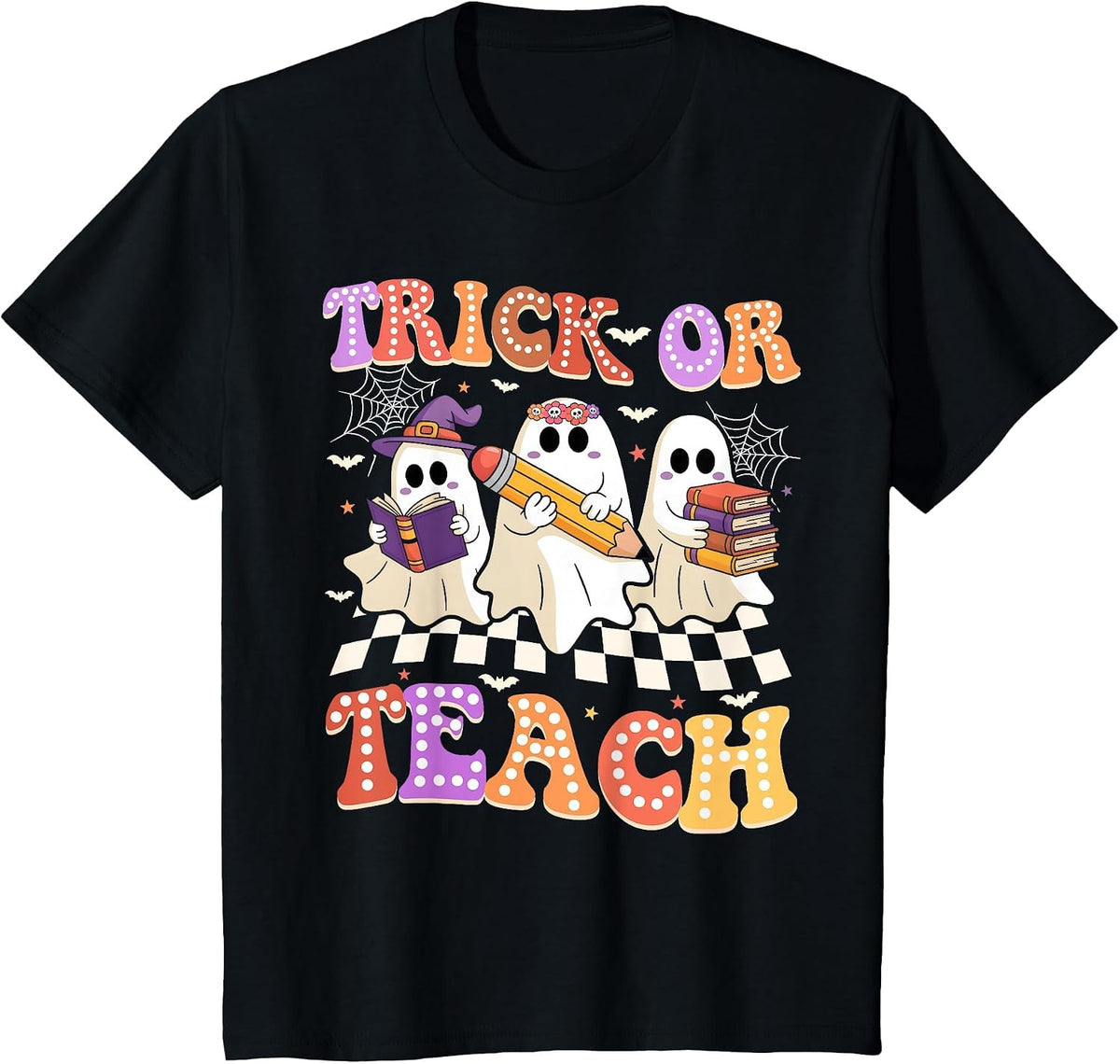 Halloween Groovy Retro Trick Or Teach Teacher Ghost Boo T-Shirt - Black