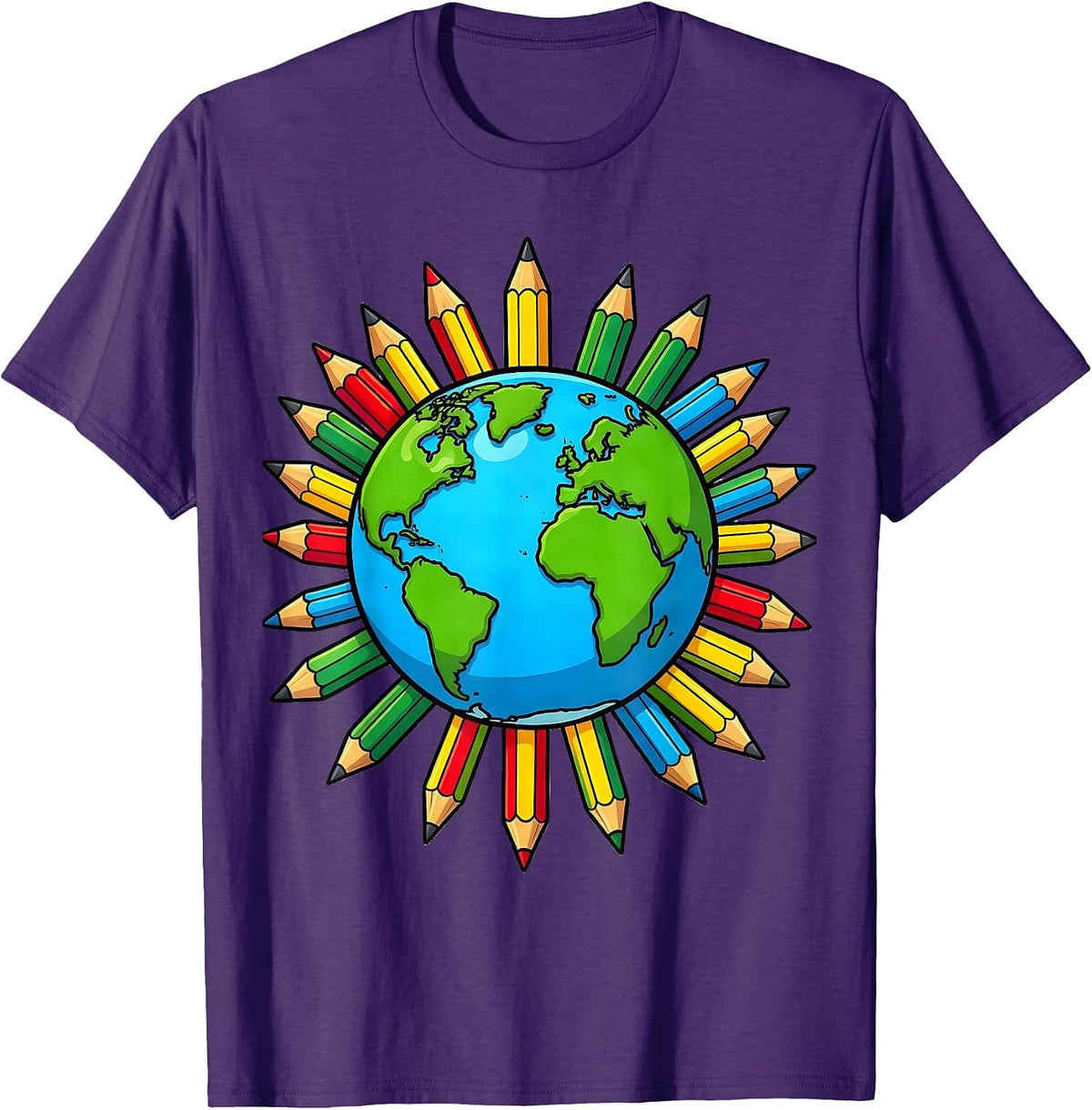 Men's 4th Grade Teacher Globe Colorful Pencils Design T-Shirt - Purple