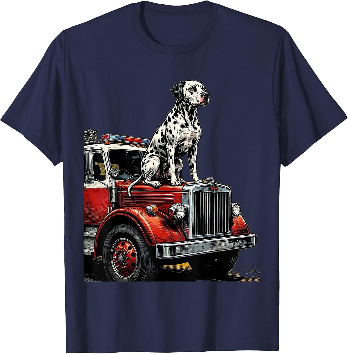 Firefighter Dalmatian Dog on Fire Truck Graphic T-Shirt - Navy Blue