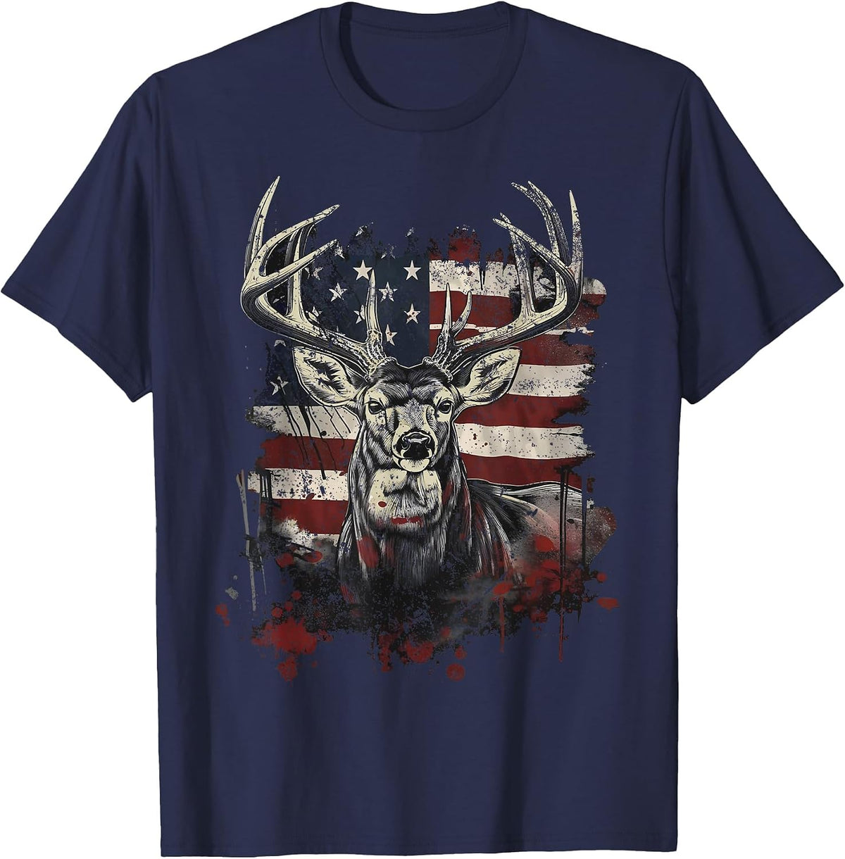 Buck White Tail Deer Hunting Hunter Distressed American Flag T-Shirt - Navy Blue